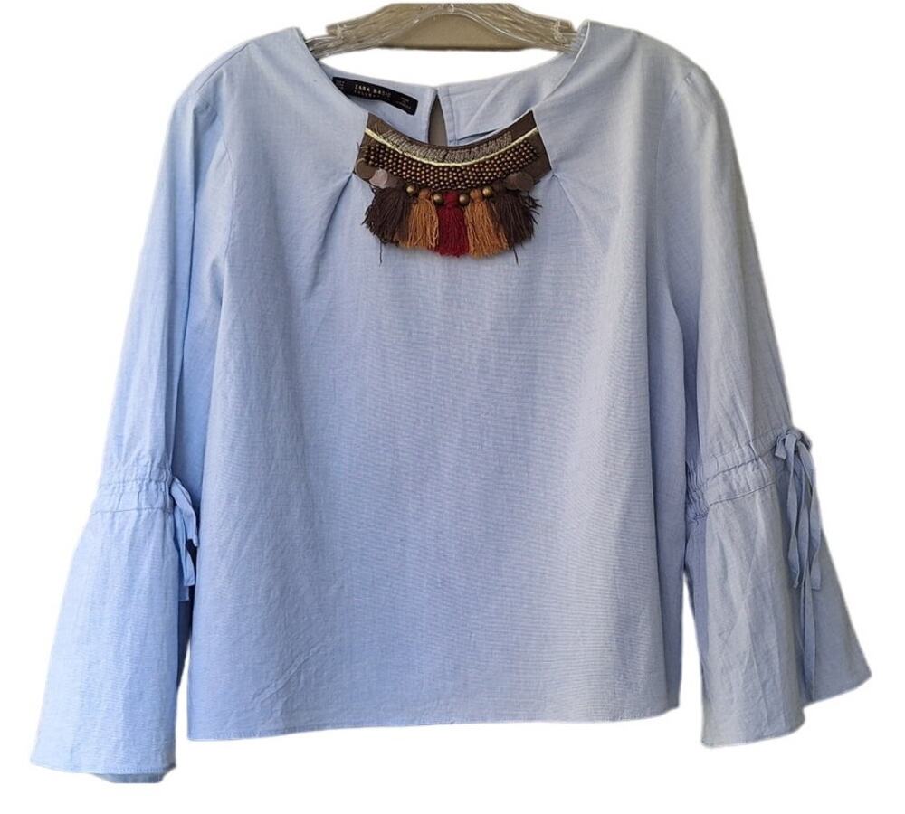 ZARA Basic Collection Boho Bell Sleeves Festival Semi Cropped Top Blouse M